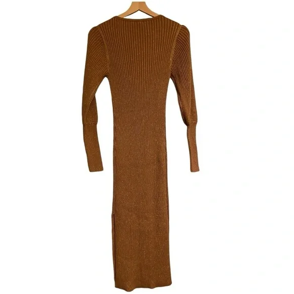 Dolan metallic gold v neck long bishop sleeve ribbed knit sweater dress - Picture 8 of 10